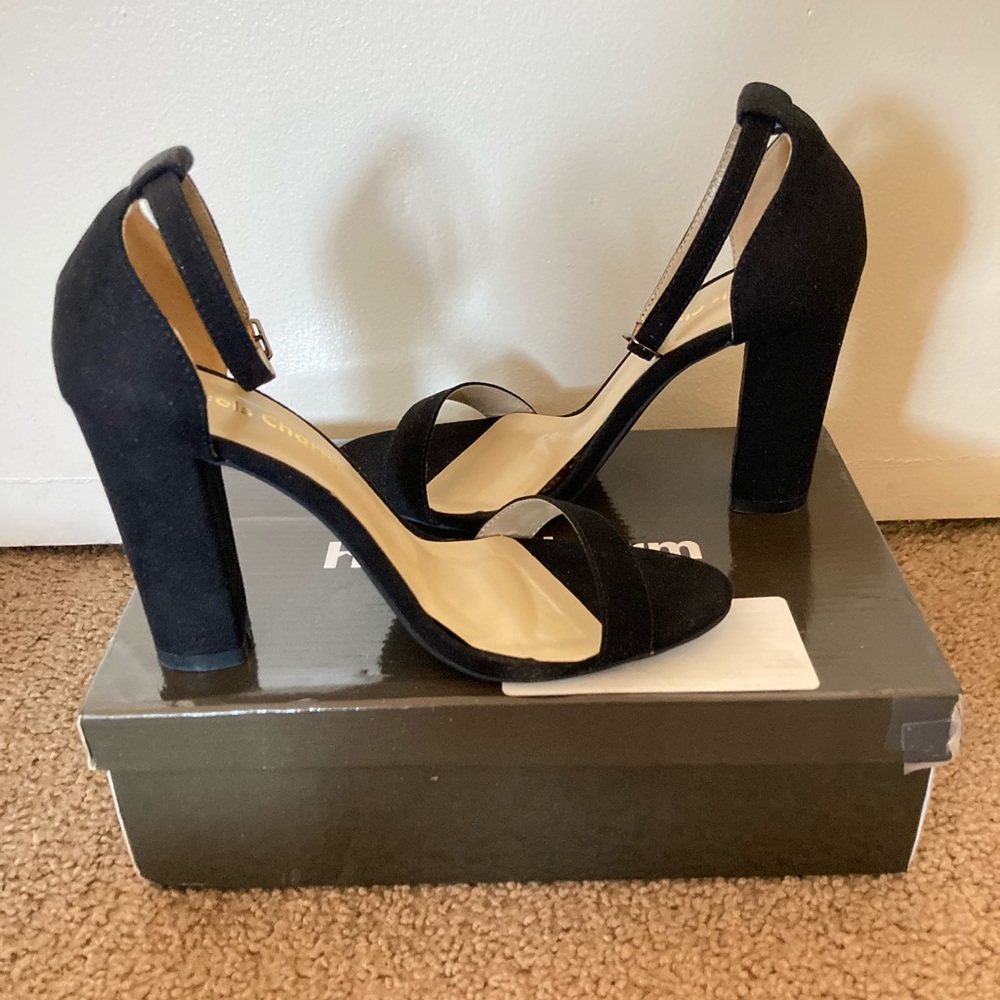 *BRAND NEW* Heels Charm Black Suede Women 6.5 Block Heel Sandals W/ Ankle Straps
